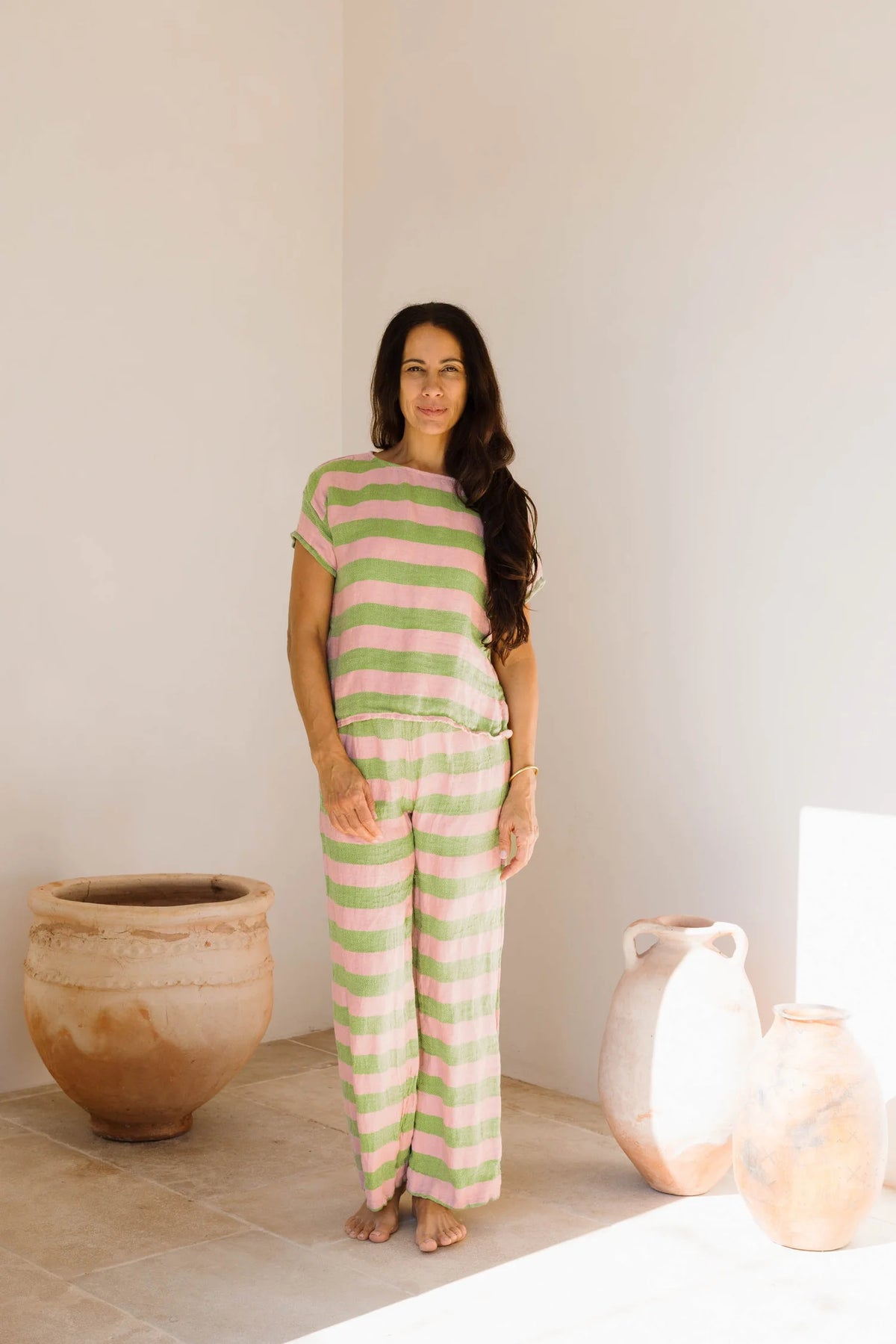 Box Top with Side Splits Rosa Pistachio Stripe