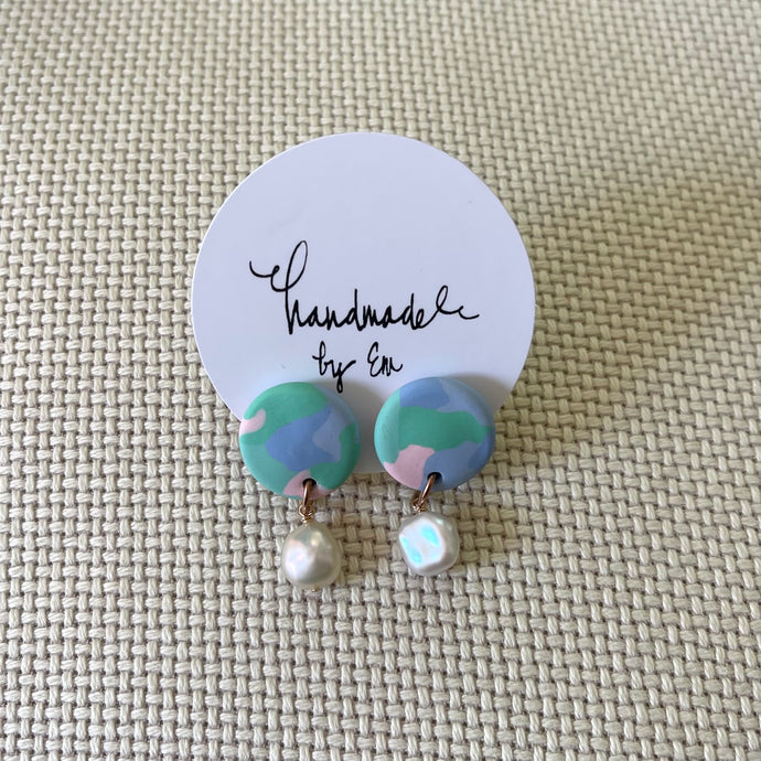 Spring Tones Clay studs with Pearl drop Green Water