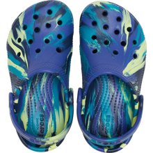 Load image into Gallery viewer, Blue and green marbled clogs with brand logo on a white background