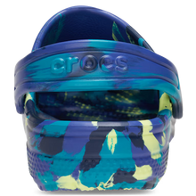 Load image into Gallery viewer, Blue and green patterned Crocs sandal on a white background