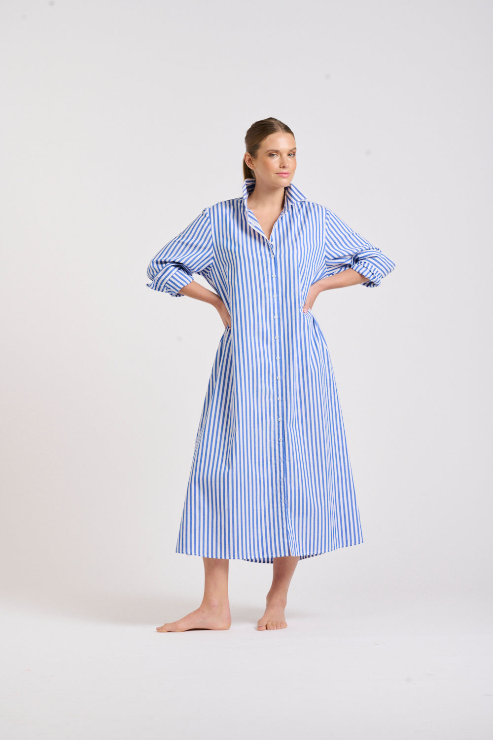 The Luna Long Shirt Dress -Blue/White Stripe