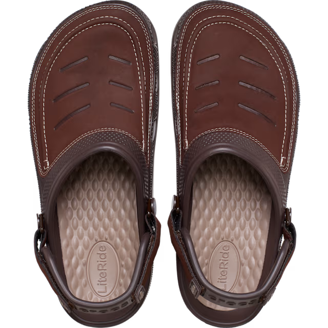 Pair of brown sandals with a visible brand logo on a white background