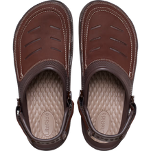 Load image into Gallery viewer, Pair of brown sandals with a visible brand logo on a white background