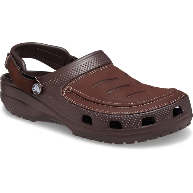 Brown sandal with a visible brand logo on a white background