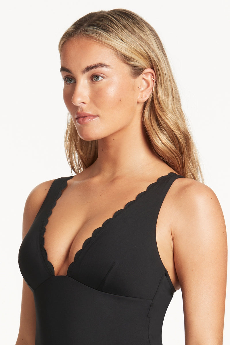 Scalloped Longline Tri One Piece Black
