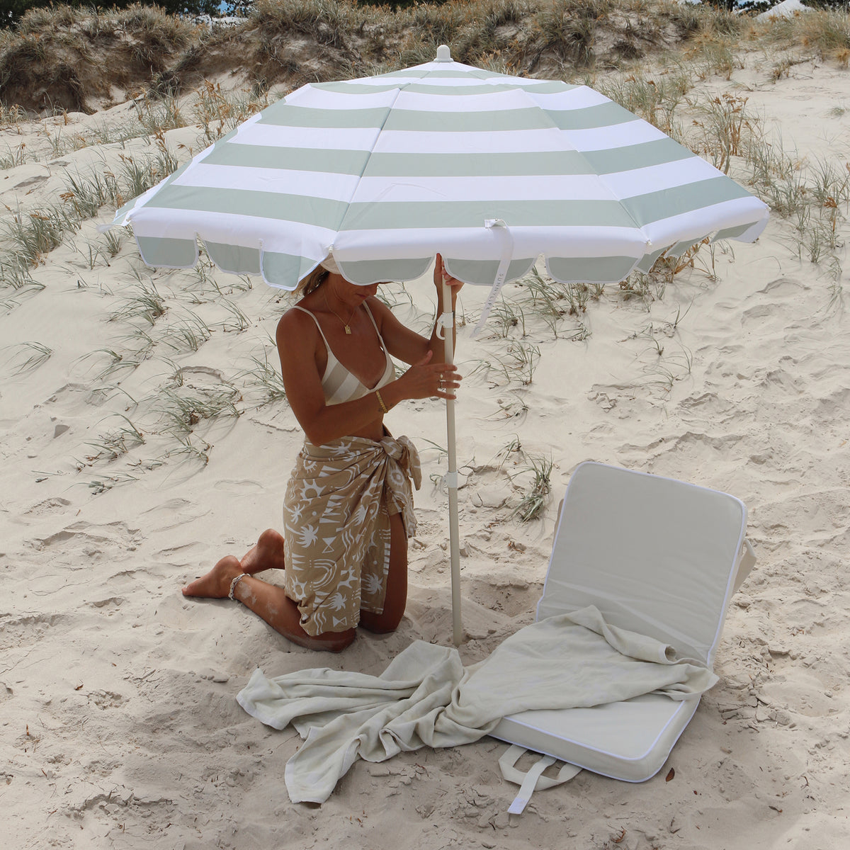 Compact Beach Umbrella Sea Sage Stripe