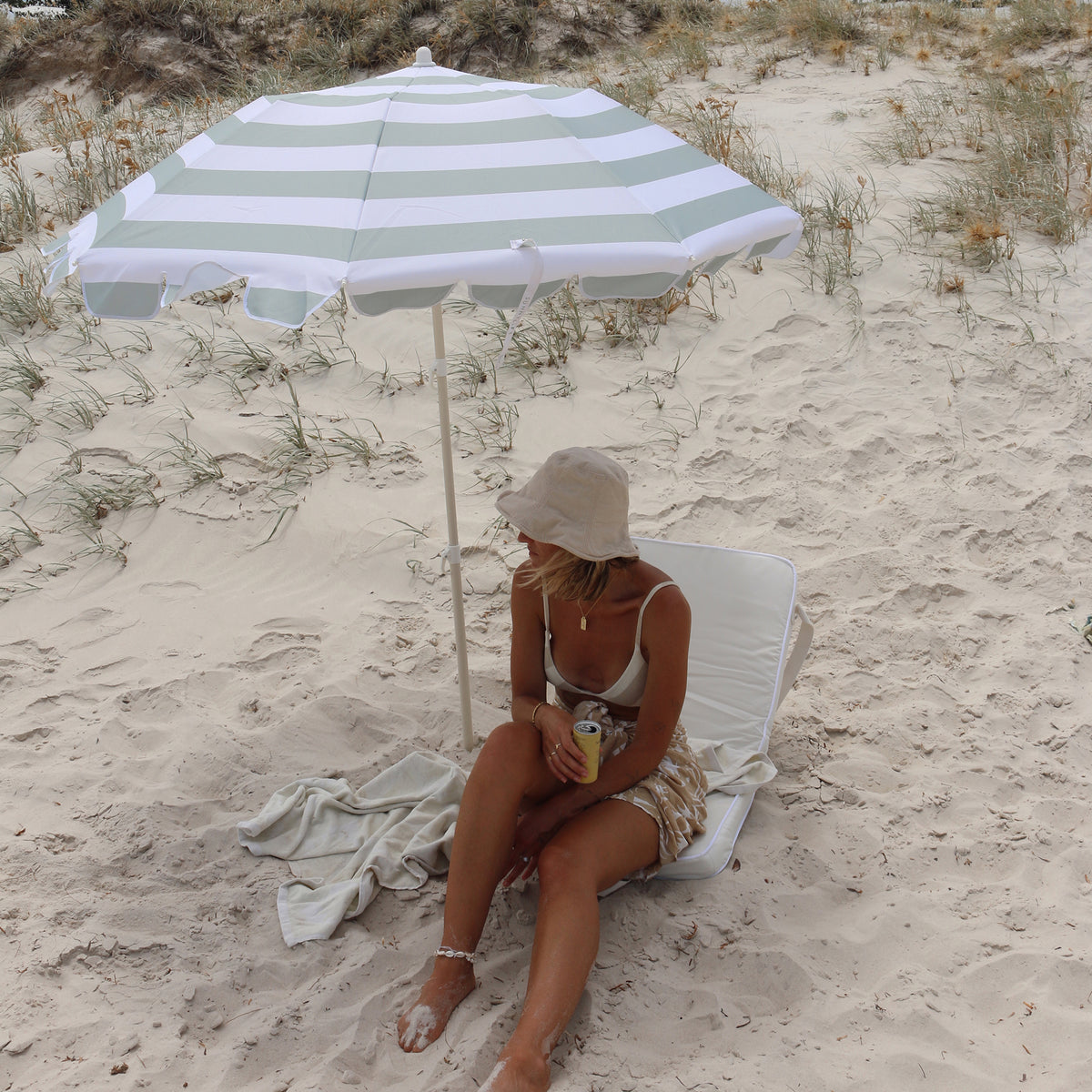 Compact Beach Umbrella Sea Sage Stripe