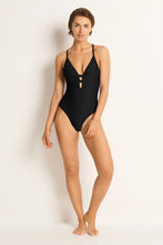 Load image into Gallery viewer, M&amp;L RIB Plunge Cross Strap One Piece Black