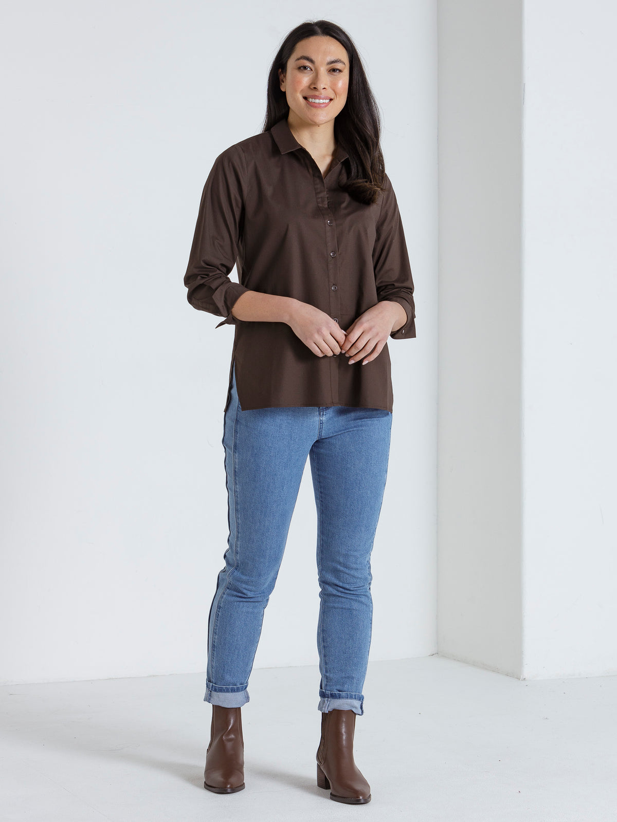 Long Sleeve Button Top Dark Oak