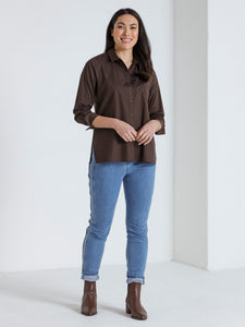 Long Sleeve Button Top Dark Oak