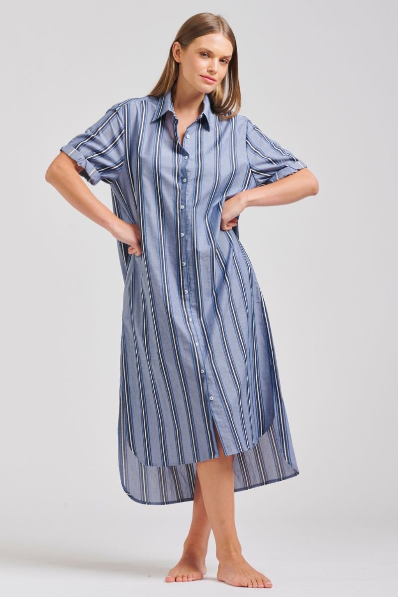 The Annie Short Sleeve Shirtdress - Denim Blue Stripe