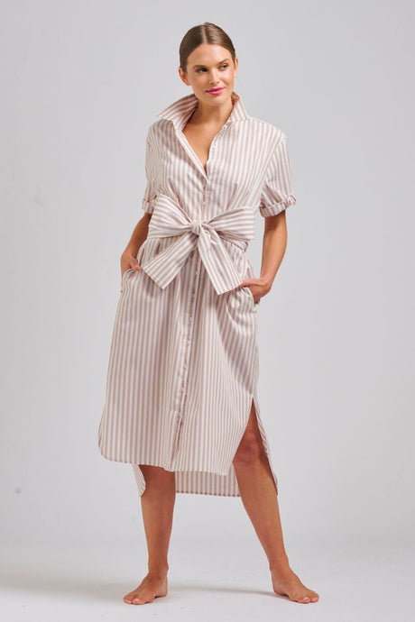 The Annie Short Sleeve Shirt Dress - Stone/White