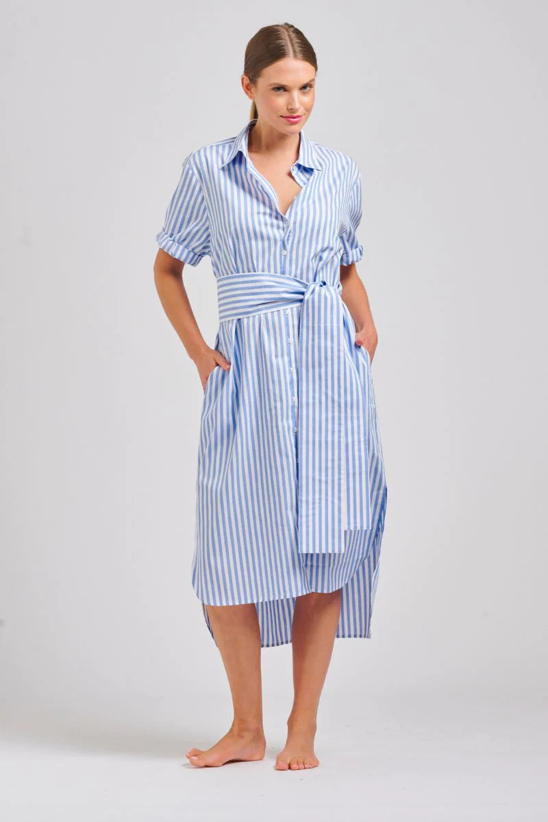 The Annie Short Sleeve Shirt Dress -Pale Blue Stripe