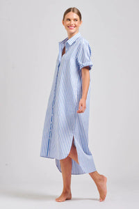 The Annie Short Sleeve Shirt Dress -Pale Blue Stripe