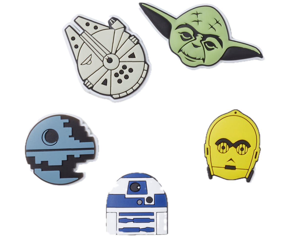 Set of Star Wars-themed pins featuring Yoda, Millennium Falcon, R2-D2, and C3PO on a white background.