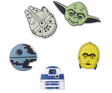 Load image into Gallery viewer, Set of Star Wars-themed pins featuring Yoda, Millennium Falcon, R2-D2, and C3PO on a white background.
