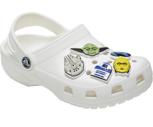 Load image into Gallery viewer, White clog shoe with Star Wars character charms on a white background