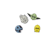 Load image into Gallery viewer, Set of four Star Wars-themed pins on a white background