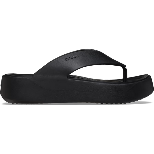 Black sandal with 'Crocs' branding on a white background
