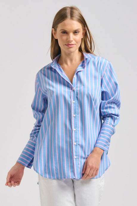 The Elodie Girlfriend Shirt - Blue Pink Stripe