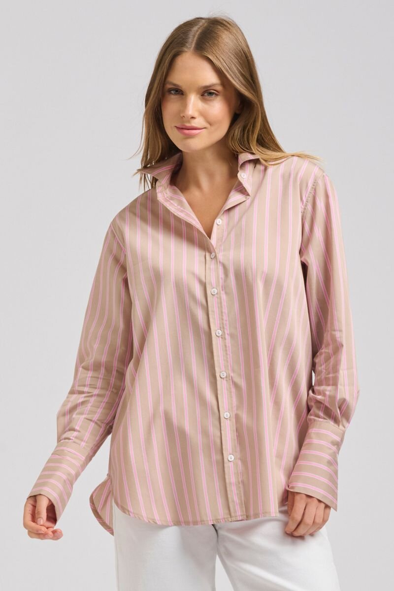 The Elodie Girlfriend Shirt - Stone Pink Stripe