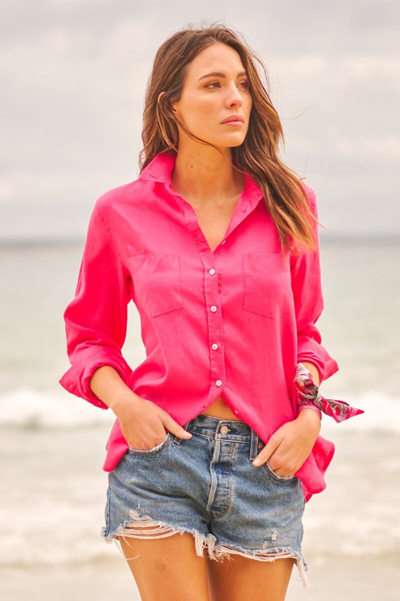 The Girlfriend Linen Shirt - Raspberry he