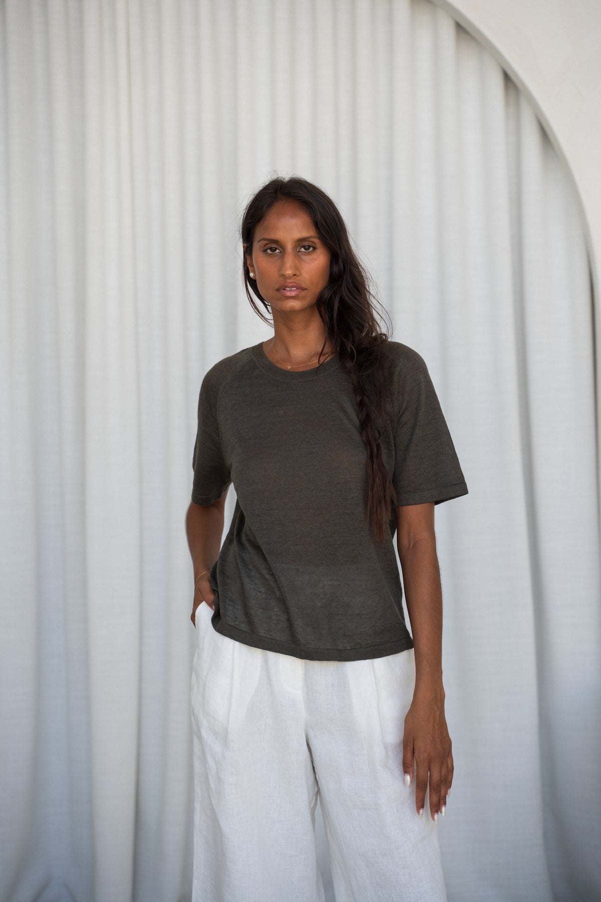 Grace Linen Knit Top Khaki