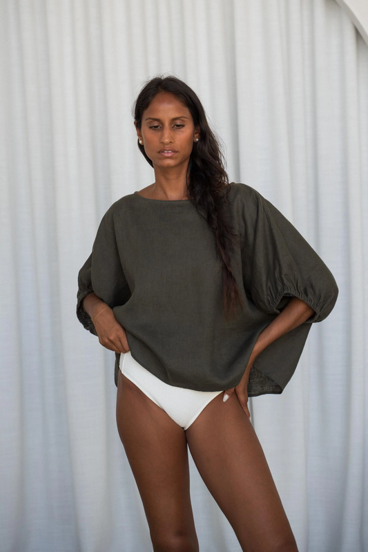 Tina Linen Top Khaki