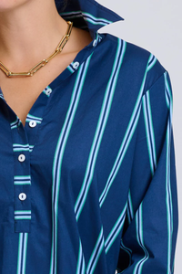 The Popover Shirtdress - Navy with Green Stripe