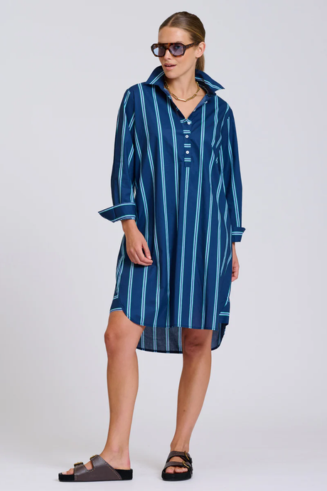 The Popover Shirtdress - Navy with Green Stripe