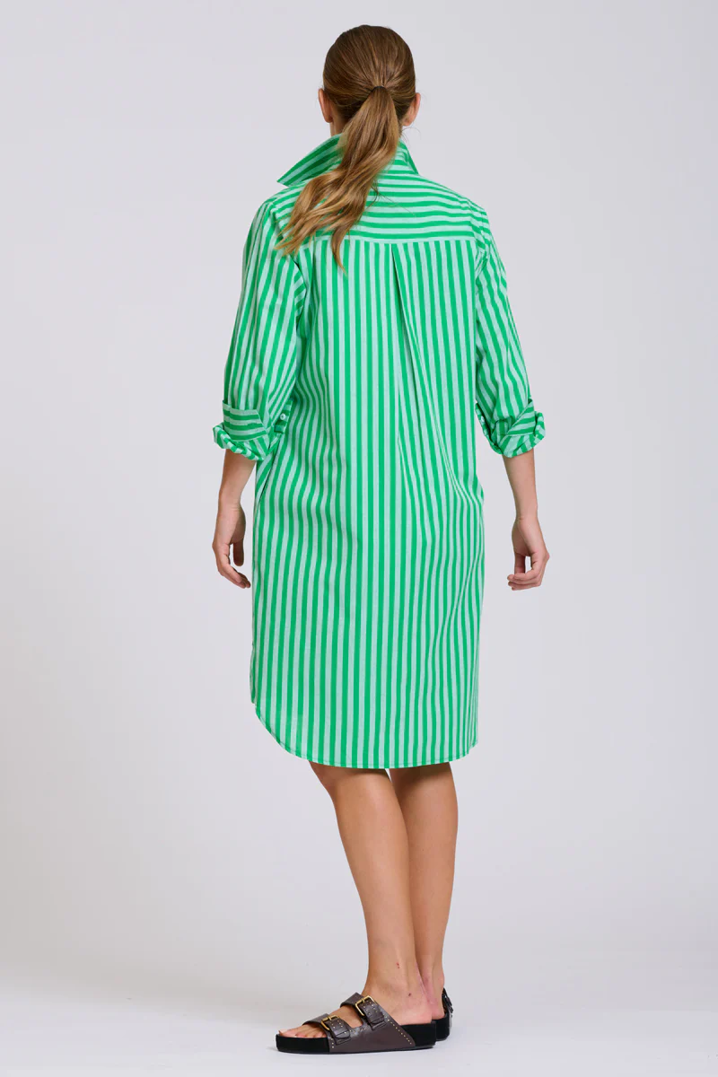 The Classic Cotton Shirt Dress - Double Green Stripe