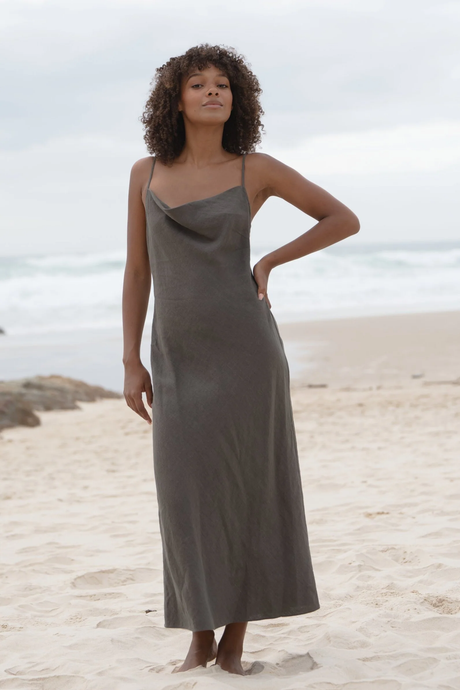 Allegra bias linen dress Khaki