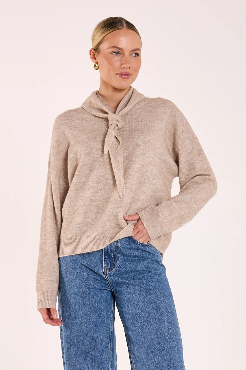 Olive Tie Neck Knit - Mocha Marle