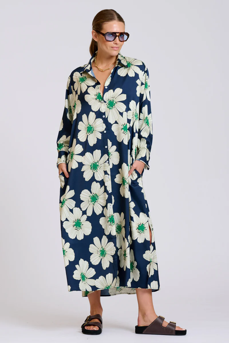 The Luxe Luna Longline Shirt Dress - Navy and Green Floral