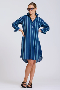 The Popover Shirtdress - Navy with Green Stripe