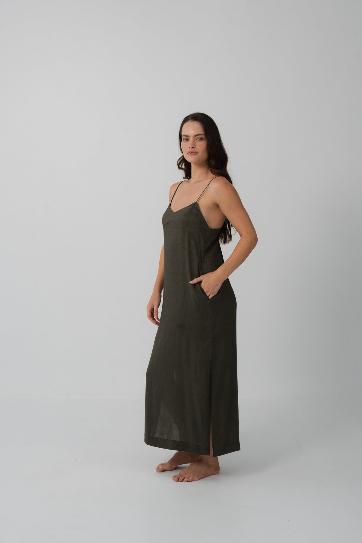 Ally Linen Silk Slip Khaki