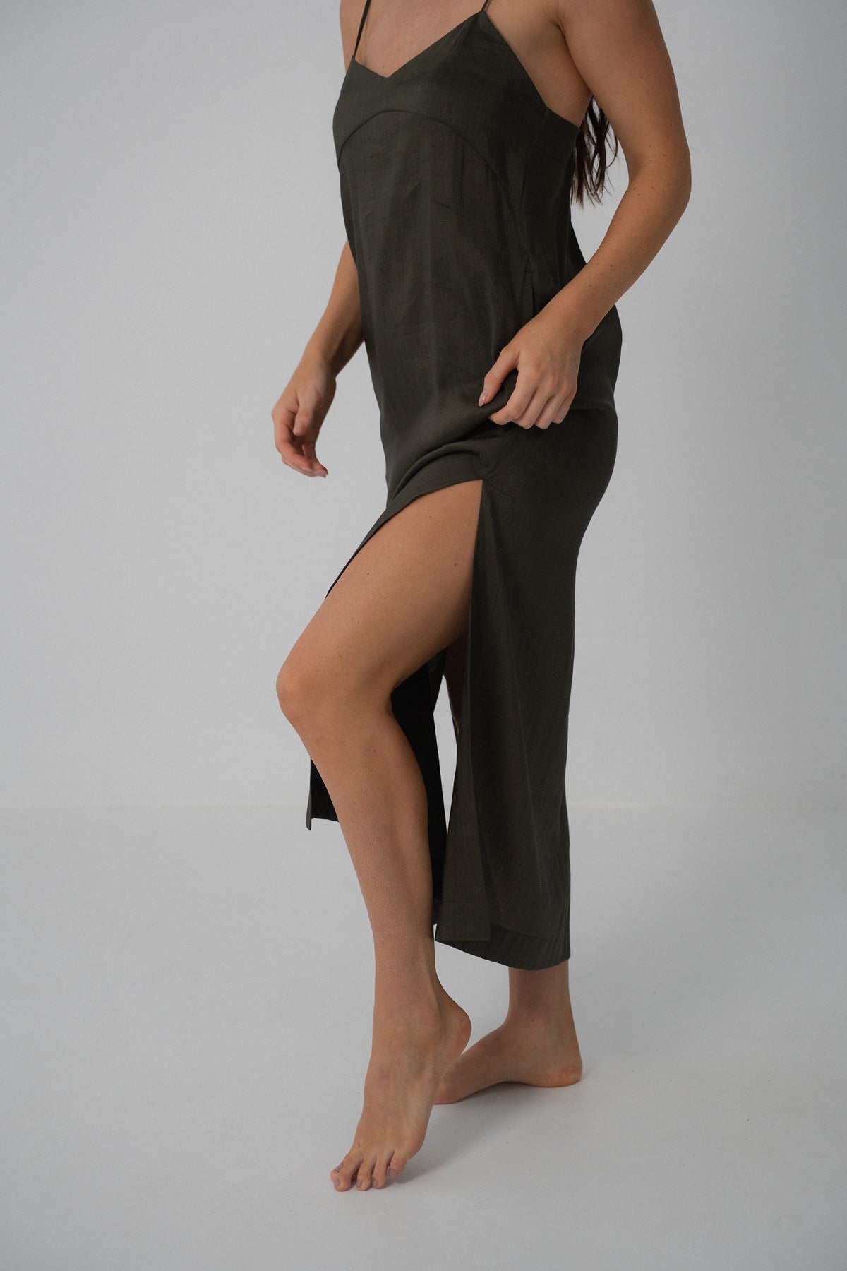 Ally Linen Silk Slip Khaki