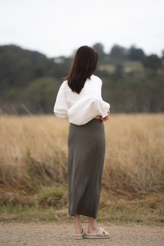 Riley Bias Linen Skirt Khaki