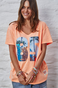 Retro Palm V Neck Tee - Orange
