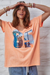 Retro Palm V Neck Tee - Orange