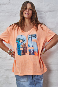 Retro Palm V Neck Tee - Orange