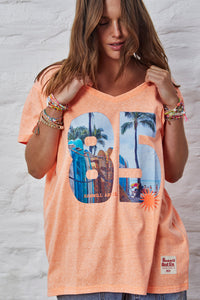 Retro Palm V Neck Tee - Orange