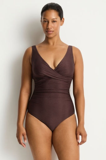 zen cross front tie back one piece cocoa