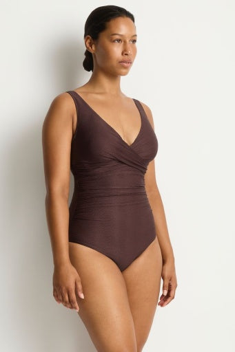 zen cross front tie back one piece cocoa
