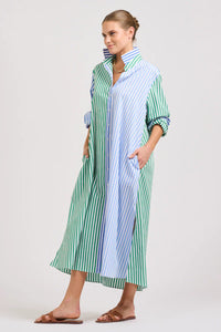 The Luna Oversized Long Shirtdress - Blue/Green Stripe
