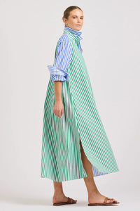 The Luna Oversized Long Shirtdress - Blue/Green Stripe