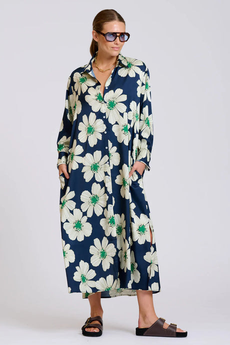 The Luxe Luna Longline Shirt Dress - Navy and Green Floral