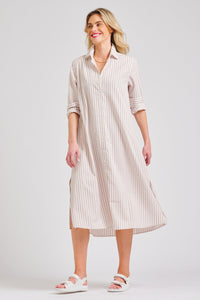 The Luna Long Shirt Dress - Stone/White Stripe
