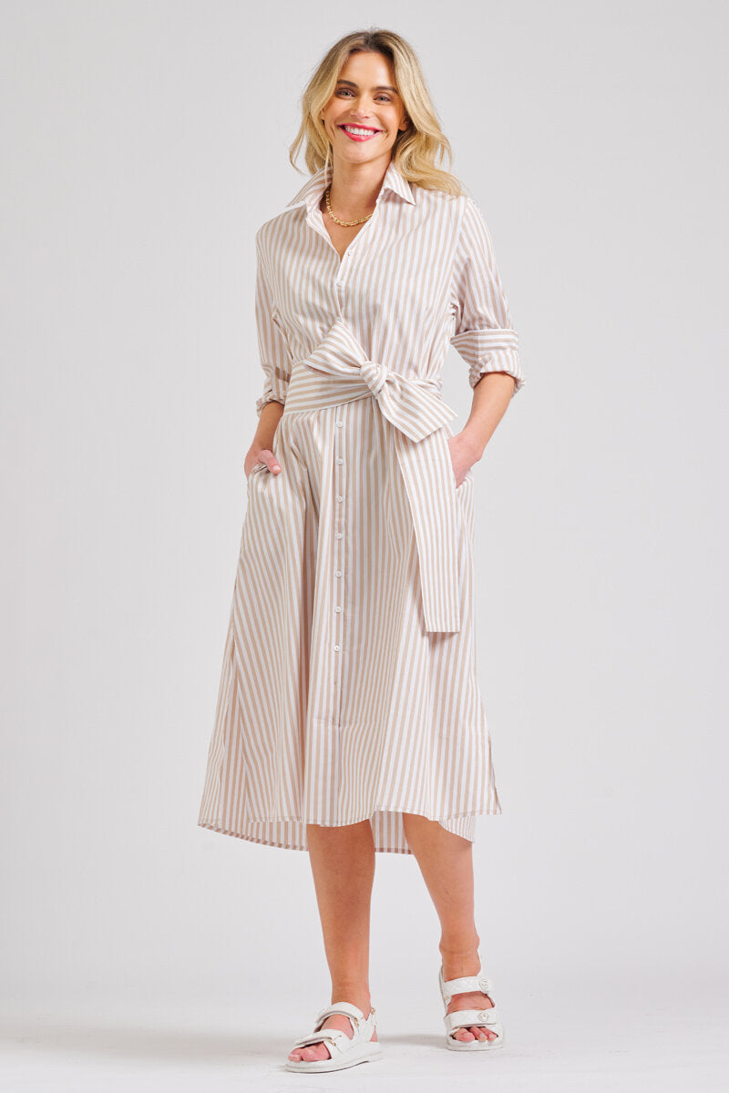 The Luna Long Shirt Dress - Stone/White Stripe