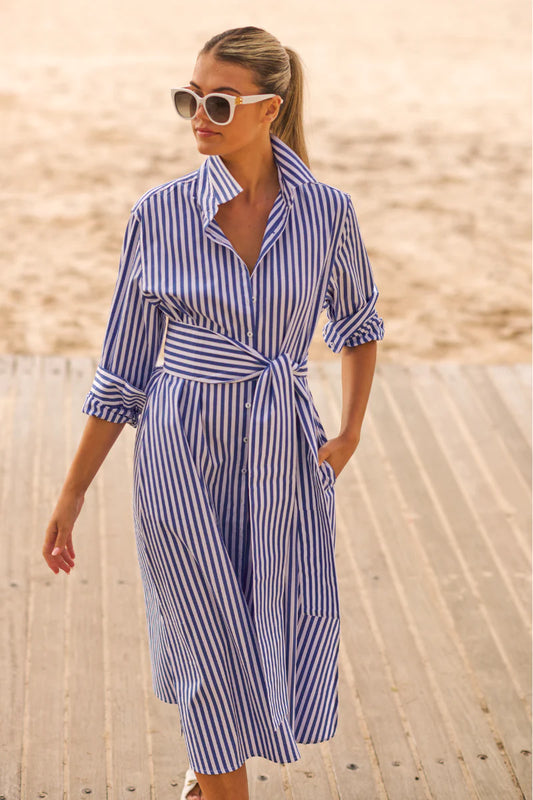 The Luna Oversized Long Shirtdress - Blue/White Stripe